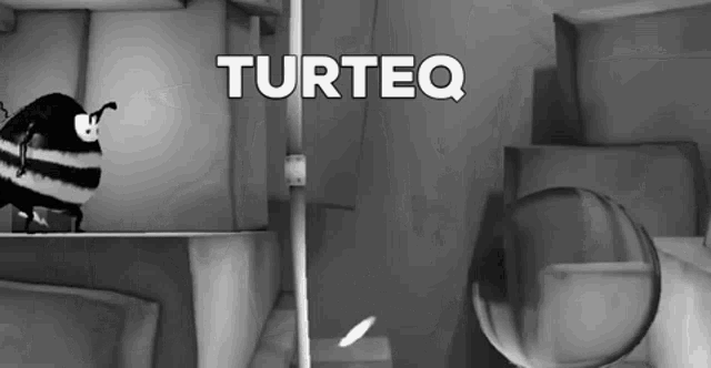 a black and white photo of a cartoon character with the word turteq on the bottom