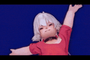 a little girl with white hair is wearing a red shirt and choker