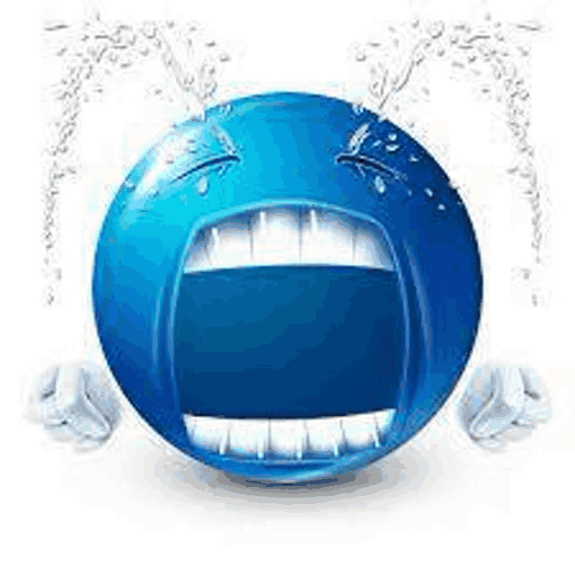 a blue smiley face with tears coming out of its eyes and mouth .