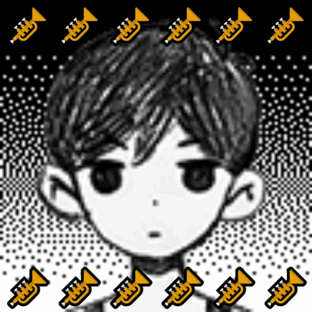 a black and white drawing of a boy with trumpets on his head