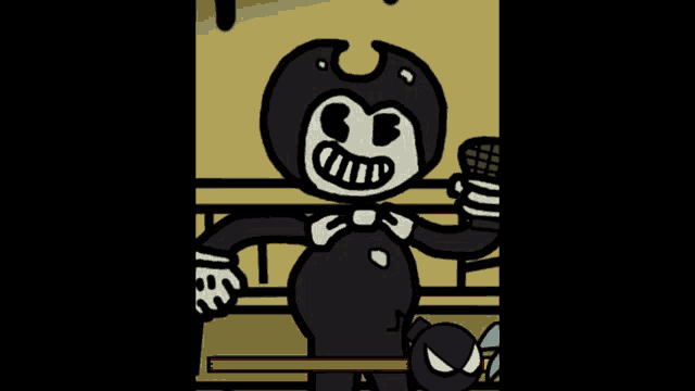 a cartoon of bendy holding a microphone with a red line in the middle
