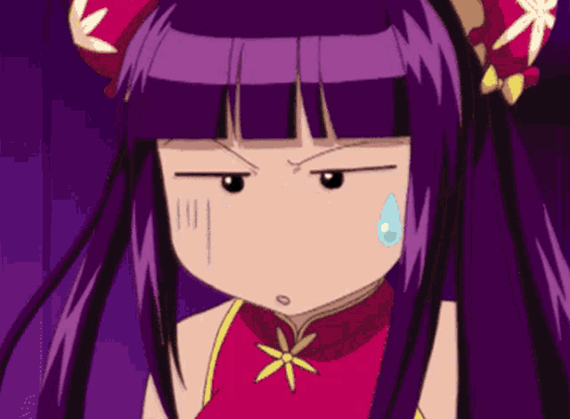 a girl with purple hair has a tear coming out of her nose