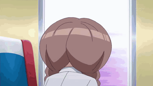 a cartoon of a girl looking out a window with tokyo on the bottom