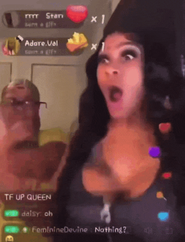 a woman with a surprised look on her face is being watched by adore val and monique liked
