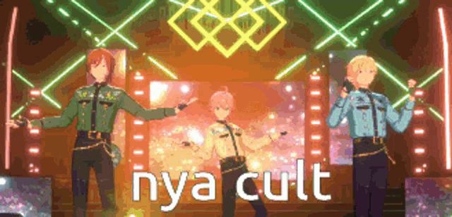 a group of anime characters are dancing on a stage with the words nya cult behind them