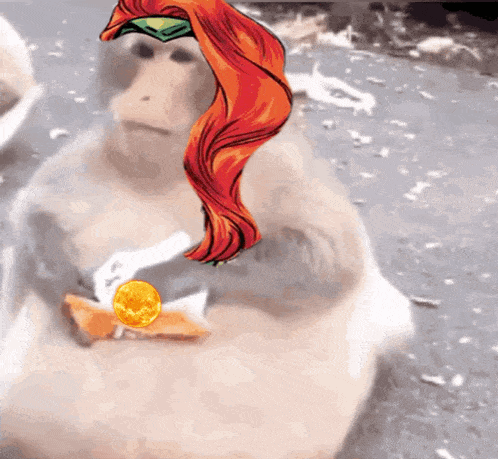 a monkey with long red hair is holding a piece of food