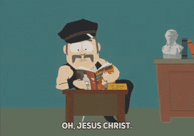 a cartoon of a man reading a book with the words oh jesus christ below him