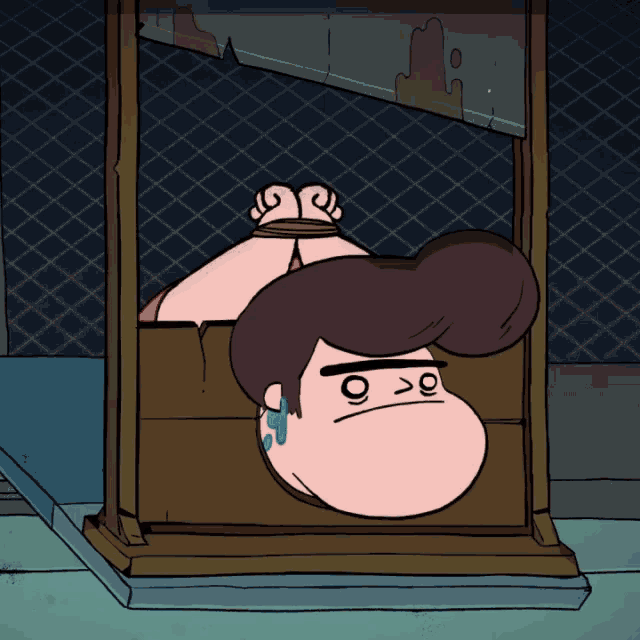 a cartoon character is tied up in a wooden stockade and has a sad look on his face