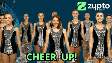 a group of cheerleaders are standing in front of a blue background that says cheer up on it