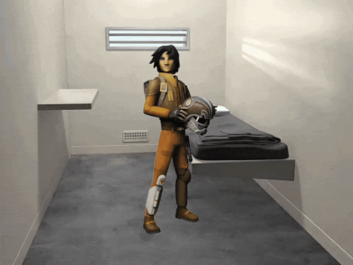 a cartoon character holding a helmet in a room with a bed