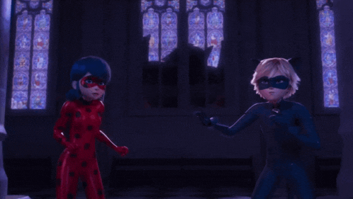ladybug and cat noir standing next to each other in front of stained glass windows