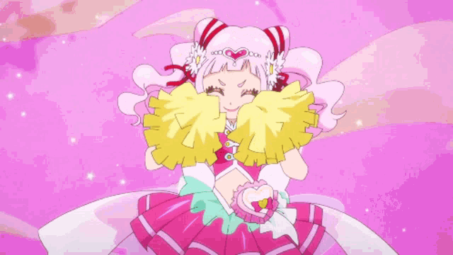 a girl in a pink dress is cheering with her arms up