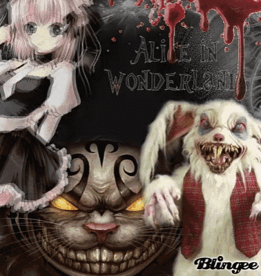 a poster for alice in wonderland with a cat and rabbit