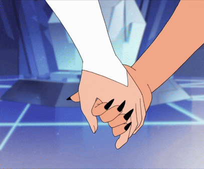 a cartoon drawing of two women holding hands