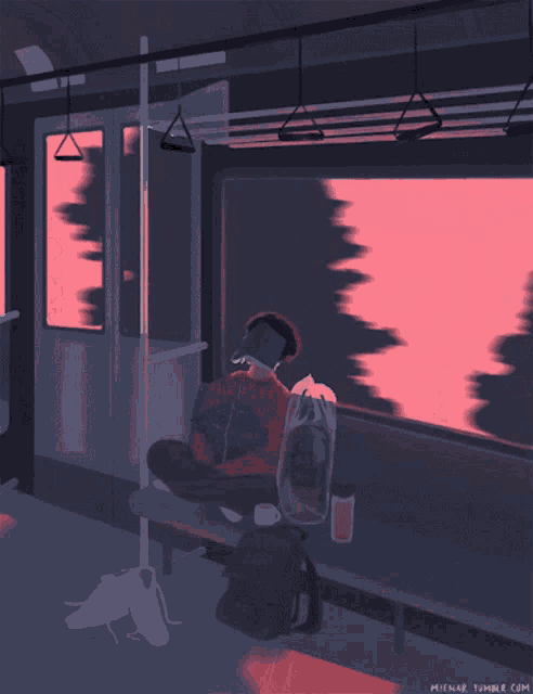 a painting of a person sitting on a bench with a pink sky in the background and the website milnar.tumblr.com