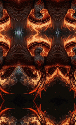a kaleidoscope of flames and a bird on a dark background