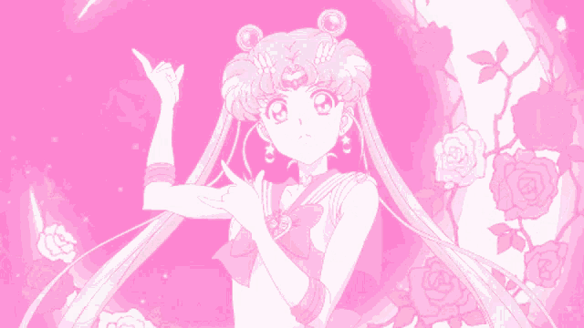a pink background with roses and a girl with long hair