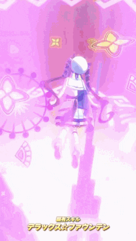 a girl in a white dress is flying through the air with a purple background