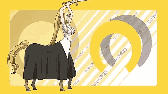 a centaur girl is holding a sword while riding a bull .