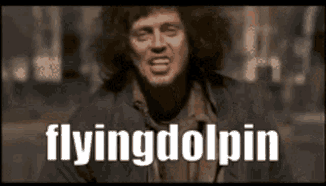 a man with curly hair says flyingdolphin in front of a city