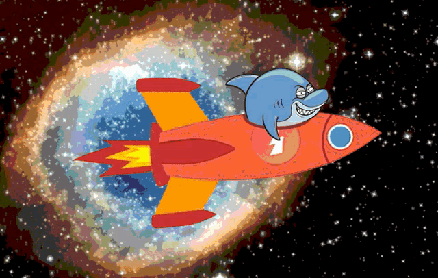 a cartoon of a shark riding a rocket through space