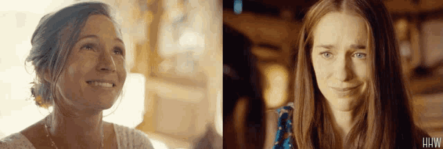 two women are smiling and one is crying and the words hw are on the bottom right