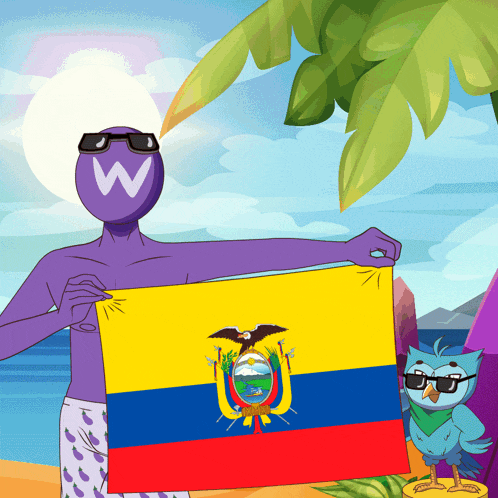 a cartoon drawing of a man holding a flag with the letter w on his head