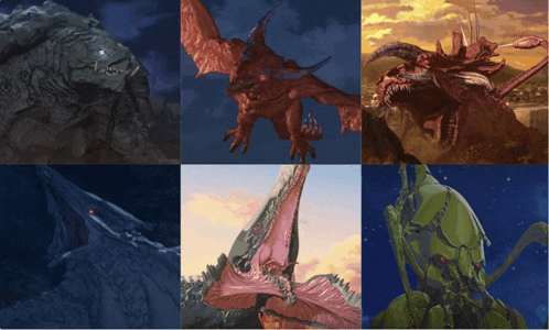 a collage of images of various monsters including a red dragon