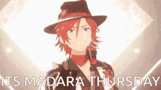 a cartoon character with red hair and a hat says it 's madara thursday ..