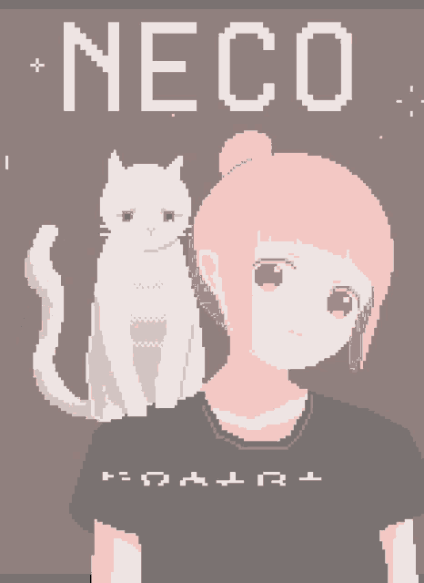 a pixel art drawing of a girl and a white cat with the word neco on the top