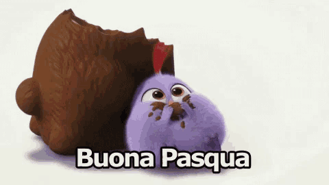 a purple bird is eating a chocolate egg with the words buona pasqua written below it