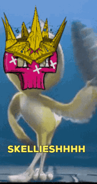 a cartoon character with a skull mask and the words skellieshhhh