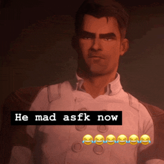 a picture of a man with the words " he mad asfk now " above him