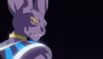 a purple rabbit is standing in front of a yellow circle with a person in it .