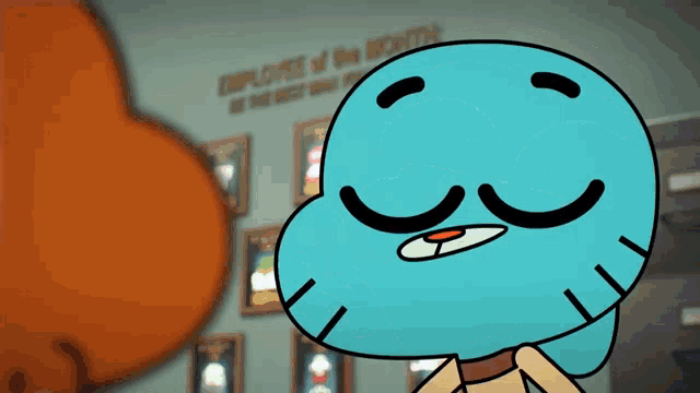 gumball from the amazing world of gumball is standing in front of a wall that says ' employees of the month '