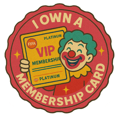 a clown is holding a platinum fifa vip membership card