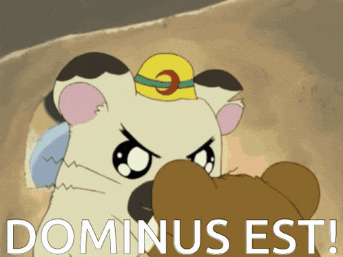 a cartoon mouse with a yellow hat and the words dominus est on the bottom