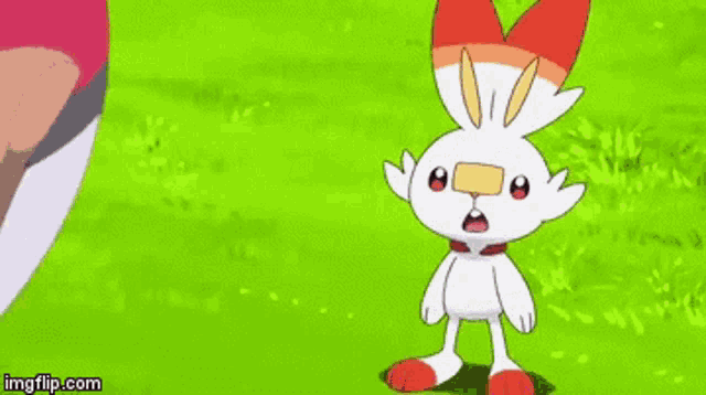 a cartoon rabbit with a surprised look on its face is standing in front of a green background .