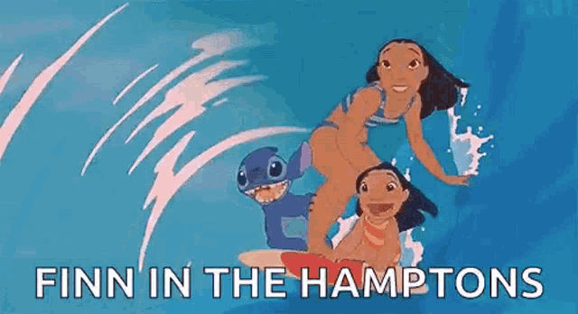 a cartoon of a girl and a stitch riding a wave in the ocean .