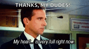 a man in a suit and tie is saying `` thanks , my dudes ! '' his heart is very full right now .