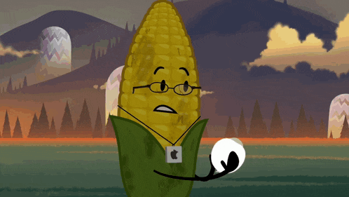 a cartoon drawing of a corn on the cob with glasses and an apple tag
