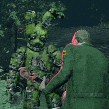 a man in a green coat is standing next to a green bunny robot