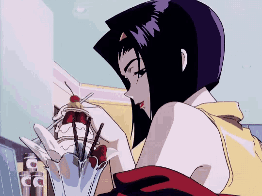 cowboy bebop anime character eating a sundae with a cherry on top