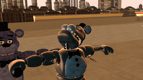 a cartoon of a teddy bear standing next to another teddy bear with a factory in the background