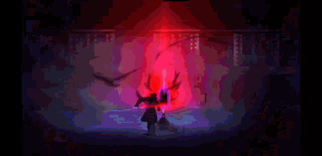 a pixel art of a person in a dark room with a purple background