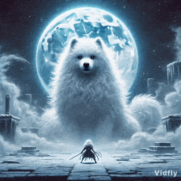 a painting of a woman standing in front of a giant white wolf with the word vidfly below it