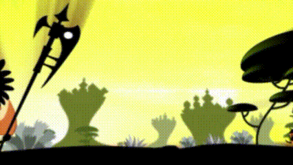 a cartoon landscape with silhouettes of trees and buildings