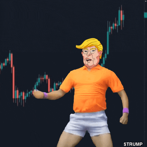a cartoon drawing of donald trump dancing in front of a stock chart