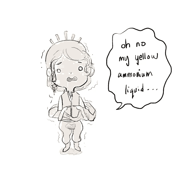 a drawing of a person with a speech bubble saying oh no my yellow ammonium liquid