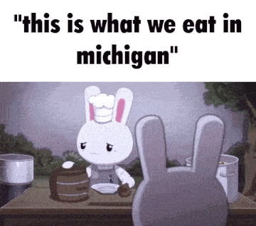 a cartoon rabbit with a chef 's hat is sitting at a table with a barrel and a plate of food .